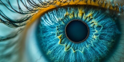 A stunning close-up of a vibrant blue eye. The intricate details showcase beautiful patterns and colors. Perfect for artistic projects or educational uses. AI