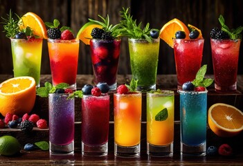 vibrant refreshing colorful cocktail shots showcasing fresh ingredients unique textures visually appealing drink experience, beverage, fruity, mixology