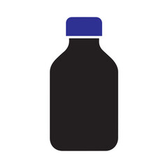 A simple graphic illustration of a black bottle with a blue cap against a white background