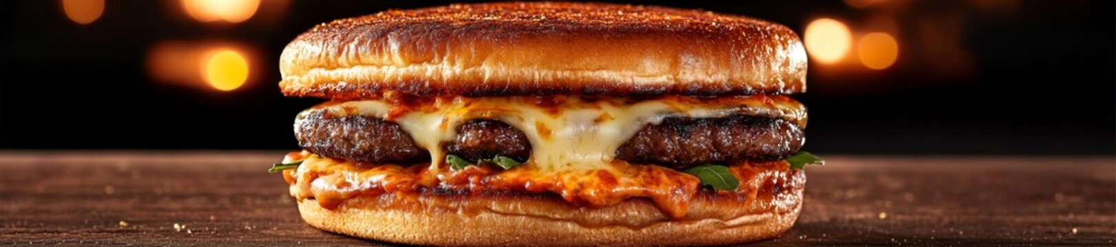 Cheese-filled burger with a toasted bun and melted cheese filling. Generative AI