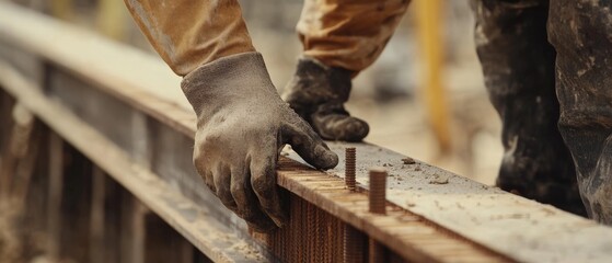 Strong, gloved hands carefully align steel beams on a construction site, showcasing precision and the rugged beauty of industrial work.