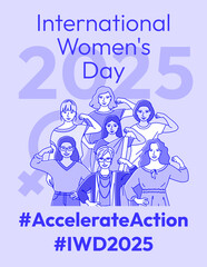 Accelerate Action campaign pose. International Women's Day 2025. Stylized hand drawn women show strong arm with clenched fist in solidarity and support in the fight for women's rights, gender equality