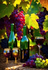 Naklejka premium vibrant wine bottles nestled among lush vineyard grapes creating colorful natural wine tasting scene, cluster, purple, green, nature, drink, outdoor, farm