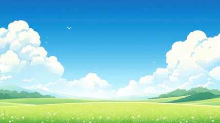 Fototapeta premium Green field with wheat ears on blue sky background. 