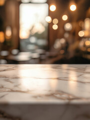 Soft marble tabletop golden details blurred lights luxury product display presentation