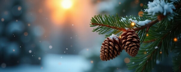 Glowing pine branch, pinecones, soft bokeh Festive winter scene , design, stock, illuminated
