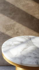Round marble table gold trim soft shadow product display elegant presentation stage