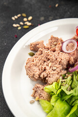 salad tuna fish fresh vegetables and seafood fresh tasty food dish gourmet food background on the table rustic food top view copy space keto and paleo diet and pescetarian diet