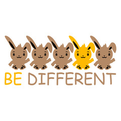 5 Rabbit Friends Difference Be Different Quote Fun Design Lover Art Vector Illustration Card T-Shirt Poster Sticker Graphic Print Decorative Drawing Isolated Logo Decoration Symbol Creative Cool Style