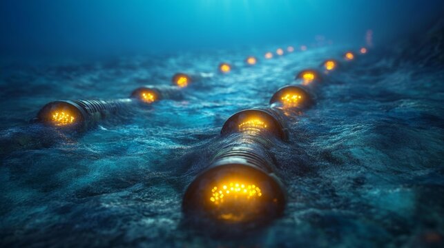Underwater Cable Lights Glowing Beneath the Ocean Surface. Generative AI