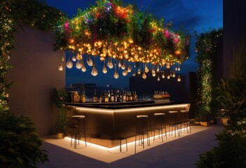 vibrant floating beverage display dynamic surrounding featuring colorful elements contemporary design, drink, refreshment, cocktail, fruit, ice, herbs, bar