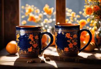 Fototapeta premium vibrant symmetrical pair colorful beverage mugs showcasing seamless design aesthetics, cup, ceramic, porcelain, drinkware, coffee, tea, bright, shiny