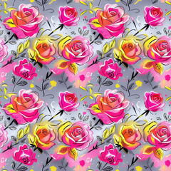 The seamless pattern is a playful composition with roses on a light gray background, done in a whimsical doodle and free brush style