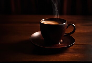 captivating close empty coffee cup dark aura evoking inviting yet mysterious vibes rich color tones textile textures, beverage, table, wood, ceramic, mug