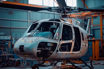 A helicopter is situated in an industrial workshop where it is being serviced. Tools and equipment surround it, highlighting the maintenance process taking place