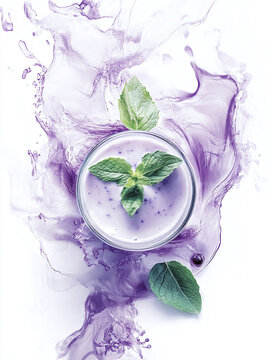 A blueberry smoothie with milk and fresh mint leaves in a glass isolated on a white background.