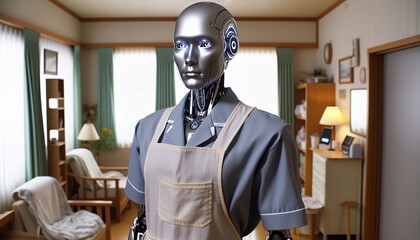 A humanoid robot dressed in a maid's uniform stands in a modern living room, showcasing the future of home assistance.
