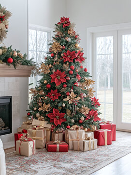 Beautiful christmas tree decorated with red and gold ornaments and surrounded by wrapped gifts isolated on white background.