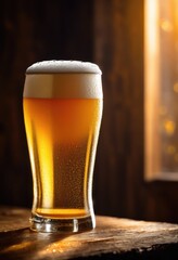 exquisite frosted beer glass artfully displayed rustic wooden showcasing captivating textures rich colors serene setting, amber, beverage, chilled