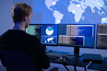 Back View in the Cyber Security Control Center Operator Working. Multiple Screens Showing Technical...