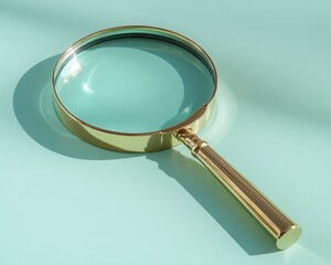 A classic magnifying glass with a polished brass frame on a pastel mint background 