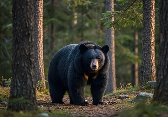 A powerful brown bear moves through towering trees, its thick fur catching the dappled sunlight. Its white muzzle contrasts with the deep forest hues as it roams its natural habitat