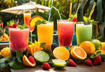 Fototapeta premium vibrant close refreshing summer beverage assortment showcasing colorful garnishes, cocktail, smoothie, juice, fruit, strawberry, lemonade, pineapple, kiwi