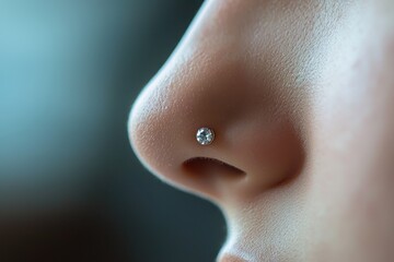 A close-up of a nose piercing with a tiny, diamond-studded stud, capturing the sparkle in natural light