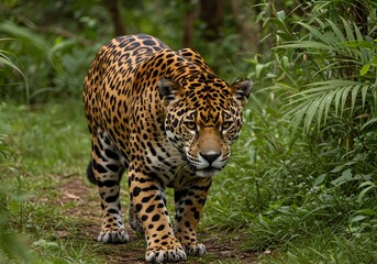 Obraz premium A fierce jaguar prowls the lush Amazon rainforest, its golden fur adorned with black rosettes. Muscles tense, it moves silently through dense foliage, eyes fixed on unseen prey. High contrast