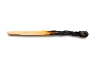 A scorched matchstick stands alone against a white background, its burnt tip showing signs of use. The image includes a clipping path for easy editing and integration