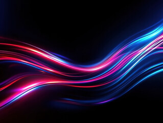 Vibrant, dynamic light trails of blue and red flow smoothly across a black backdrop, creating an abstract and energetic visual. 
