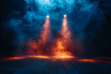 Dramatic Stage Lighting with Smoky Atmosphere on Wooden Floor
