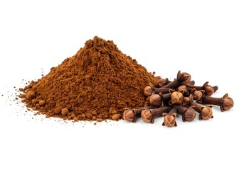 Ground clove powder and whole dried cloves rest on a clean white backdrop. The side-view shot showcases the deep brown hues and fine texture, emphasizing the spice’s rich, aromatic essence