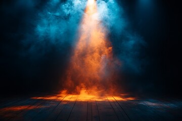 Dramatic Stage Lighting with Smoke Effects on Wooden Floor
