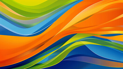 A vibrant abstract wave pattern with cascading ribbons in bold shades of orange, cobalt blue, and lime green, creating a striking and modern wallpaper.