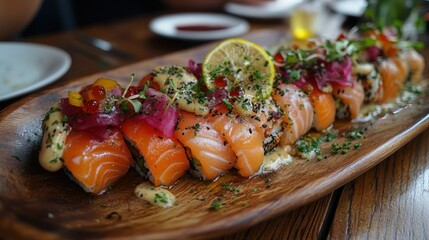 Restaurant Salmon Sushi Boat, Gourmet Food, Wooden Platter