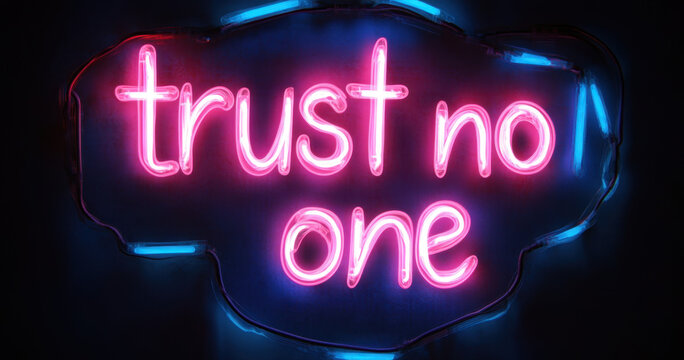 Neon sign trust no one glows in vivid pink and blue against dark background. Split color design enhances mysterious and edgy atmosphere with bold typography and contrast
