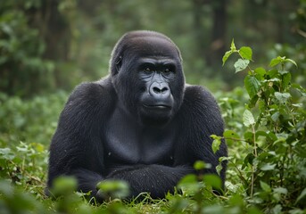 A rare Cross River gorilla sits in a misty jungle clearing, its dark fur blending with the dense foliage. Its deep-set eyes reflect wisdom as it carefully observes its surroundings. High contrast, hig