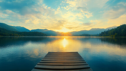 Obraz premium Golden sunset reflecting on calm mountain lake, wooden pier stretching through fisheye lens perspective, serene landscape glowing with warm evening light