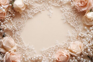 Fototapeta premium Elegant wedding background featuring lace, pearls and pastel roses creating a romantic frame, ideal for wedding invitations or announcements