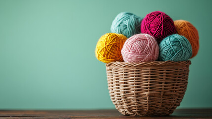 Colorful yarn balls in a wicker basket against a teal background.