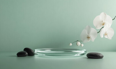 A minimalist spa still life with a white orchid flower, black stones, and a glass plate on a light green background