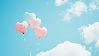 Heart balloons float, sky backdrop, celebration