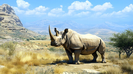 Fototapeta premium Rhino standing in arid landscape, mountains background, conservation awareness