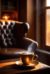 steaming coffee cup classic period wood table rich inviting warmth cozy atmosphere perfect relaxation contemplation, wooden, rustic, drink, hot, beverage