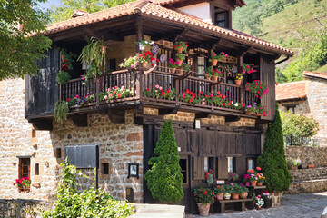 Typical house of Bárcena Mayor, type of house known as mountain house made of stone, masonry and...