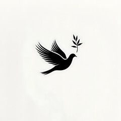 Obraz premium Black Flying Dove Silhouette Holding Olive Branch Isolated On White