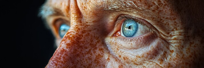 Close-up of a thoughtful senior man with striking blue eyes and a freckled face, highlighting the effects of aging