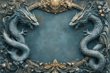 Majestic stone dragons with intricate details guard a gold ornate frame, creating a powerful and mystical atmosphere