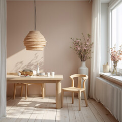 Modern Minimalist Dining Room with Wooden Furniture and Natural Decor